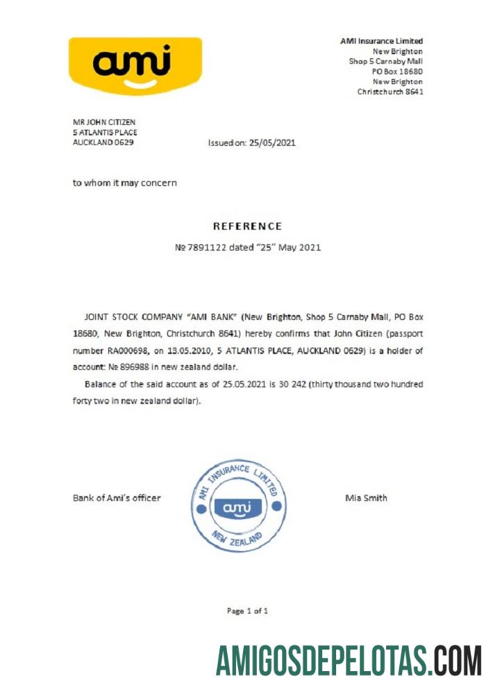 Referência do Ami Bank da Nova Zelândia exemplo